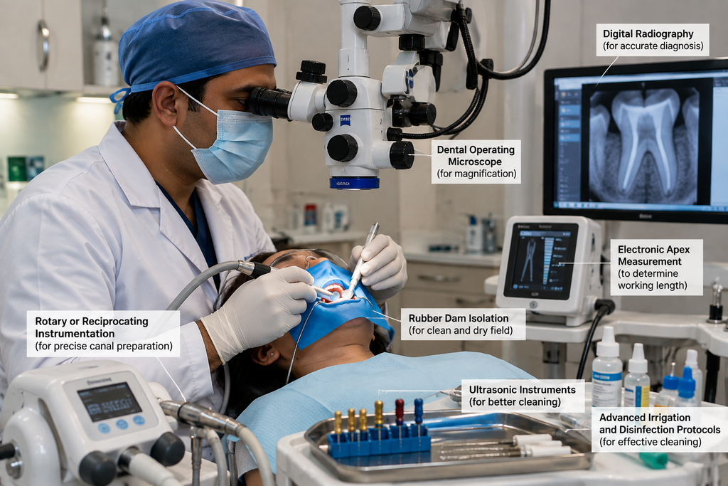 Dentist performing root canal treatment using a dental operating microscope, digital X-ray, apex locator, rubber dam, and rotary instruments in Root Canal Treatment